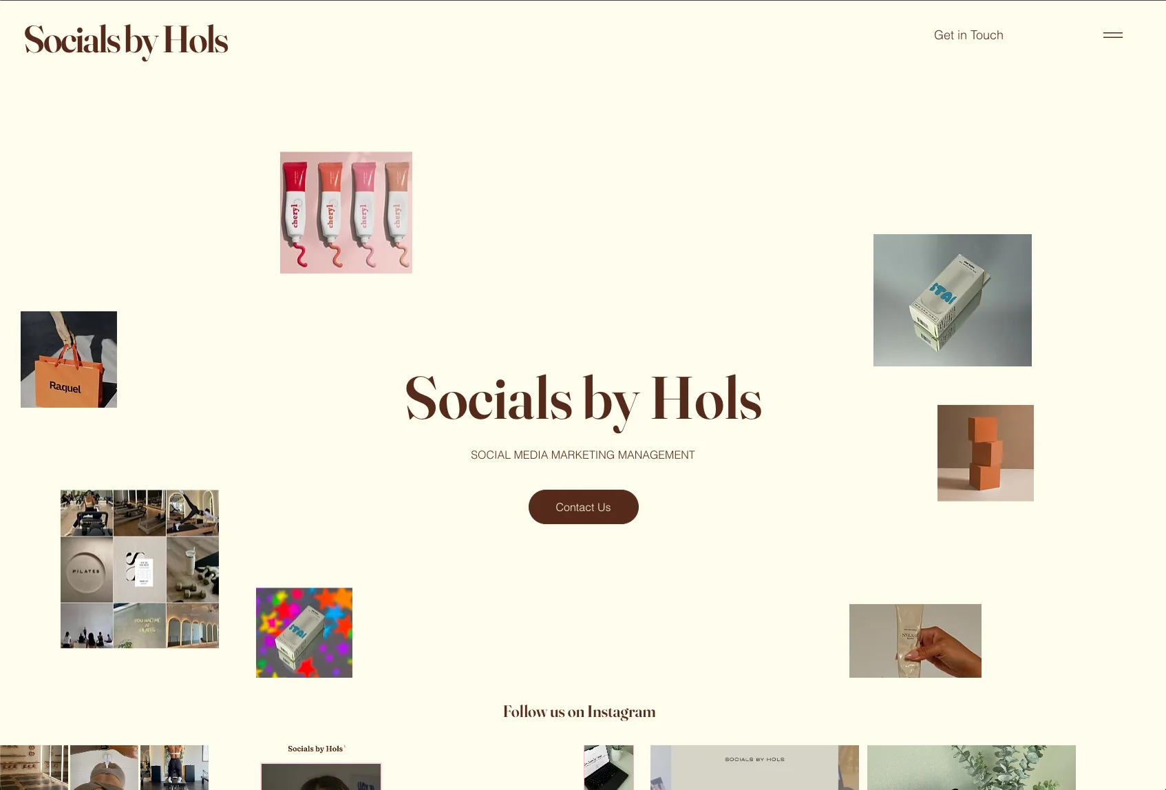 The original Socials By Hols homepage with cream background, brown typography and a collage of creative work.