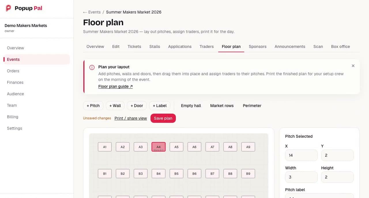 The floor plan editor for Summer Makers Market 2026. A toolbar offers Pitch, Wall, Door and Label tools and three layout presets named Empty hall, Market rows and Perimeter. The canvas shows rows of pitches labelled A1 to A9 and B1 to B9. Pitch A4 is selected, and a side panel shows its position, width, height and label.